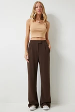 Happiness İstanbul Women's Brown Velcro Waist Comfortable Woven Trousers