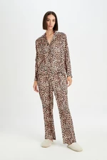 DEFACTO Fall In Love Pajama Set Satin Leopard Patterned Long Sleeve Top Elastic Waist Bottom