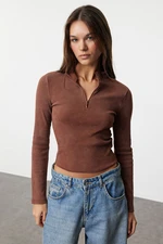 Trendyol Brown Washed Fitted Zipper Collar Ribbed Stretchy Knitted Blouse