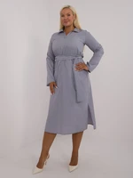 Gray cotton dress of larger size with pockets and belt