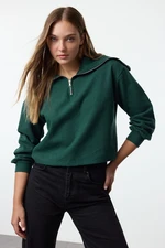 Trendyol Emerald Green Thessaloniki/Knitwear Look Polo Neck Zippered Regular Knitted Sweatshirt