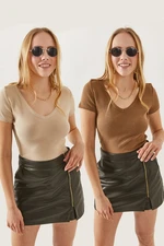 Olalook Women's Camel-Stone V Neck Short Sleeve 2-Pack Set Blouse