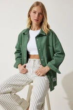 Happiness İstanbul Women's Green Oversize Gabardine Jacket with Pockets