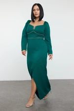 Trendyol Curve Emerald Green Stone Embroidered Slit Woven Evening Dress/Graduation/Engagement/Evening Dress