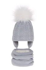 AGBO Girl's winter set: hat and tube scarf grey Klementin with pompom