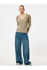 Koton V-Neck Knitwear Sweater Hip Length Long Sleeve Ribbed