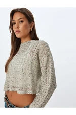 Koton Openwork Crop Sweater Long Sleeve Crew Neck