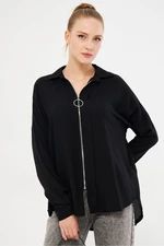 armonika Women's Black Front Zippered Casual Shirt