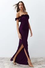 Trendyol Damson Fitted Knitted Long Evening Evening Dress