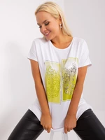 Plus size Ecru-lime cotton blouse with short sleeves