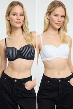 Trendyol Black-White 2-Pack Striped Covered Strapless Knitted Bra