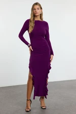 Trendyol Purple Plain Ruffle Midi Skirt Flounce Boat Rock Maxi Flexible Knitted Knit Dress