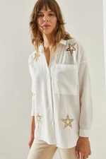 Bianco Lucci Women's Flam Linen Star Laser Cut Single Pocket Long Sleeve Shirt