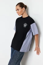 Trendyol Black Oversize/Wide Fit Poplin Detailed Printed Knitted T-Shirt