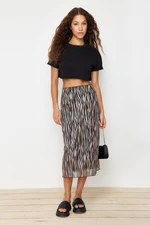 Trendyol Brown Elastic Waist, Printed Midi-Length Lined Tulle Knitted Skirt