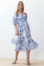 Trendyol Madonna neck Chiffon Maxi Woven Dress with Blue Floral Skirt Opening at the Waist