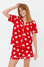 Trendyol Červená 100% Bavlna Srdíčkový Vzor Piping Detailní Košile-Kraťasy Pletené Pyžamový Set