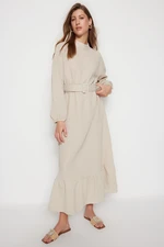 Trendyol Beige Fabric Covered See-through Woven Dress with Belt