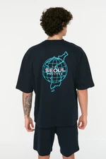 Trendyol Navy Blue Oversize/Wide-Fit Seoul City Printed Short Sleeve 100% Cotton T-Shirt