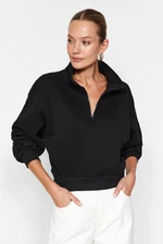 Trendyol Black Relaxed-Cut Crop Basic Zipper Stand-Up Collar Thick Fleece Inner Knitted Sweatshirt