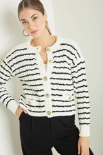 Lafaba Women's White Striped Gold Buttoned Knitwear Cardigan