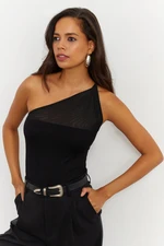 Cool & Sexy Women's Black Top With Tulle One-Shoulder Crop Top