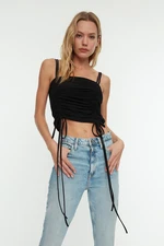 Trendyol Black Drawstring Detail Straps Crop Stretch Knitted Blouse