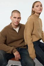 Trendyol Camel Casual Regular Fit Couple/Double Half Turtleneck Zipper Collar Sweater