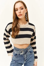 Olalook Women's Stone Spanish Sleeve Striped Crop Knitwear Sweater