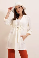 By Saygı Lace-Up Front Foldable Sleeves Linen Jacket Cream with Pockets.