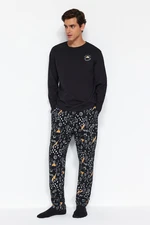 Trendyol Men's Black Regular Fit Embroidered Knitted Pajamas Set.