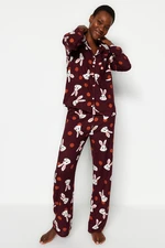 Trendyol Burgundy Rabbit Patterned Shirt-Pants Woven Pajamas Set