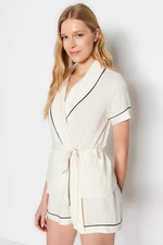 Trendyol Beige Tie and Piping Detailed Shirt-Shorts Woven Pajama Set