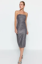 Trendyol Silver Fitted Sequin Evening Dress