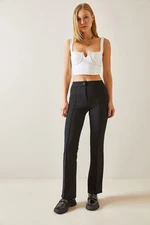 XHAN Black High Waist Stitching Detail Trousers