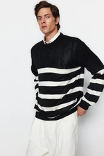 Trendyol Black Unisex Oversize Fit Wide Fit Hair Knit Striped Anti-Pilling Knitwear Sweater