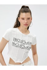 Koton Crop T-Shirt with Slogan Printed Corset Detailed Crew Neck.
