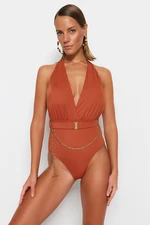 Trendyol Cinnamon Deep Decollete Accessorised, Regular Leg Swimsuit