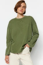 Trendyol Khaki Worn/Faded Effect Relaxed/Comfortable fit Crew Neck Long Sleeve Knitted T-Shirt