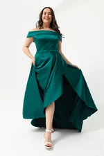 Lafaba Women's Emerald Green Plus Size Satin Evening Dress &; Prom Dress with Boat Collar