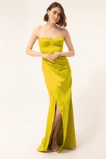 Lafaba Women's Pistachio Green Stone Strap Slit Long Satin Evening Dress