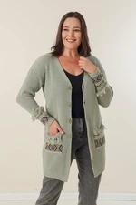 By Saygı Button-up Front, Tassels Patterned Plus Size Cardigan with Pockets And At The Ends Of The Sleeves.