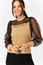 armonika Women's Beige Blouse With Lace Sleeves And Tops And Frills At The Front