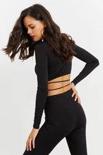 Cool & Sexy Women's Black Open Waist Crop Blouse IO115