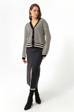 Lafaba Women's Black Striped Button Detailed Oversized Knitwear Cardigan