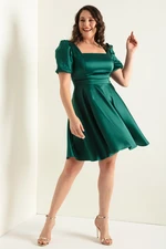 Lafaba Women's Emerald Green Balloon Sleeve Flared Cut Mini Plus Size Satin Evening Dress