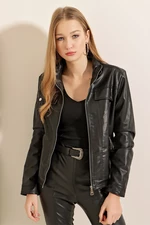 Bigdart Women's Black Stand-Up Collar Faux Leather Coat 1024