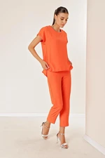 By Saygı Trousers with Pockets, Openwork Legs, darts Suit Coral