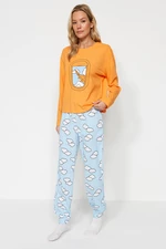 Trendyol Oranžová 100% Bavlnená Súprava Pyžama s Vzorom Oblakov - Tričko a Jogger Nohavice