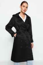Trendyol Black Oversized Belted Long Trench Coat with Piping Detailed, Water-repellent